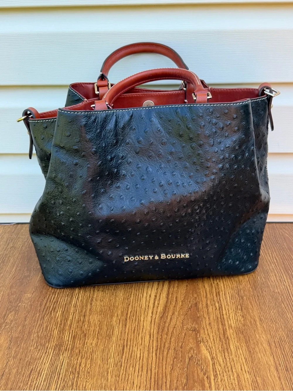 Dooney & Bourke Ostrich Embossed Leather Satchel Tote Black Brown M/L Bag